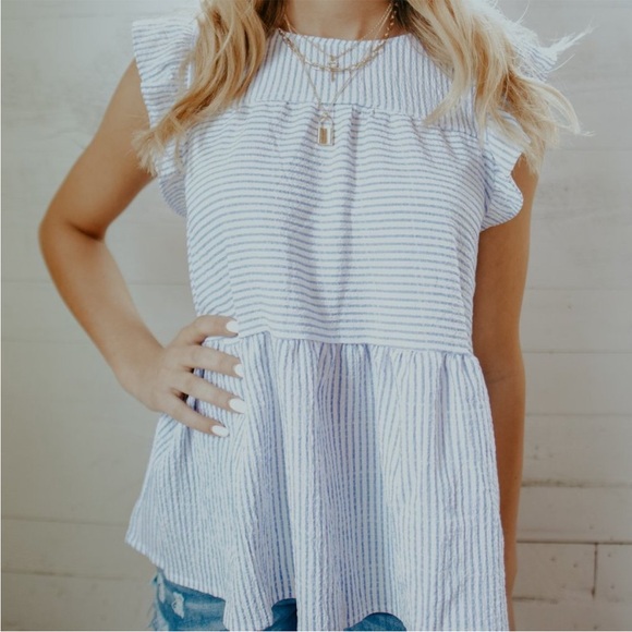 Blu Pepper Tops - Blu Pepper Striped White and Blue Blouse